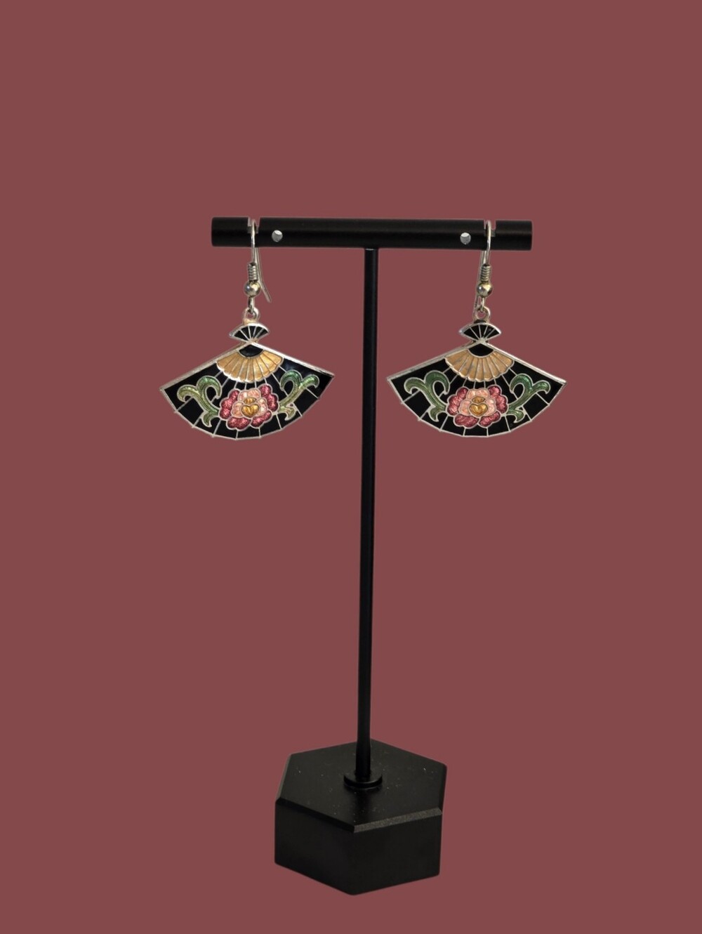 Vintage Enamel Cloisonné Fan Earrings